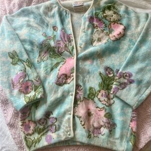 1950/ Vintage Darlene Knitwear Floral Light Blue Cardigan Sweater